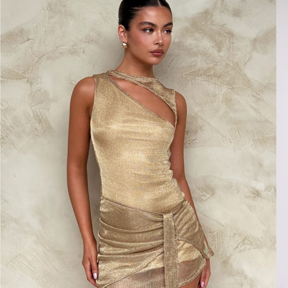 Tiger Mist Gold Asymmetrical Ruched Cocktail Dress